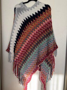 Multicolored Chevron Striped Asymmetrical Knit Poncho With Fringe